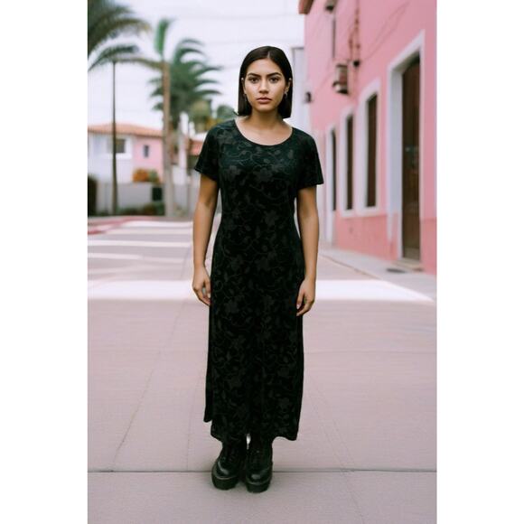 Vintage XL No Boundaries Y2K Crushed Velvet Floral Dark Green Maxi Dress Goth - Picture 1 of 16